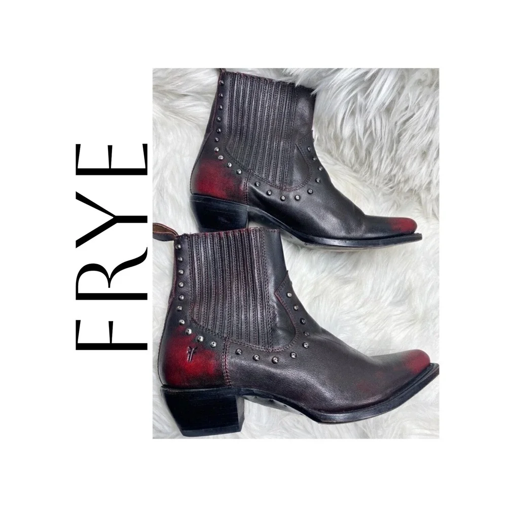 Frye Sacha‎ Chelsea Crystal Booties Oxblood Black Studded Western Boots 7
